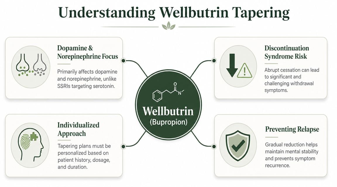 A diagram explaining Wellbutrin tapering, highlighting dopamine focus, discontinuation risks, personalized approaches, and preventing relapse.