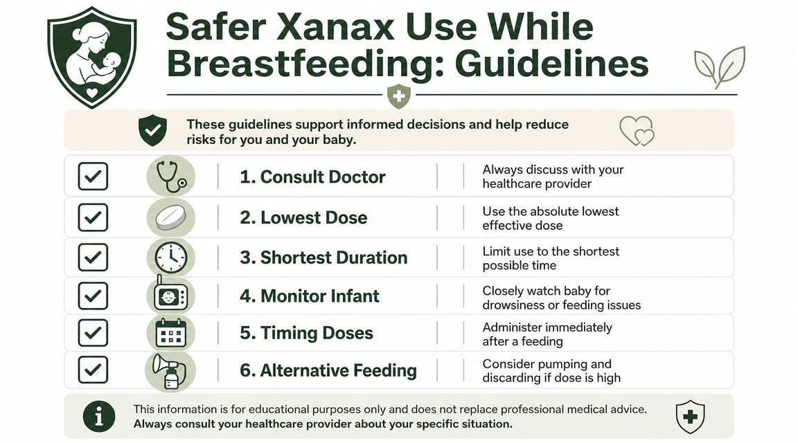 An infographic detailing six safety guidelines for taking Xanax while breastfeeding to protect the baby.