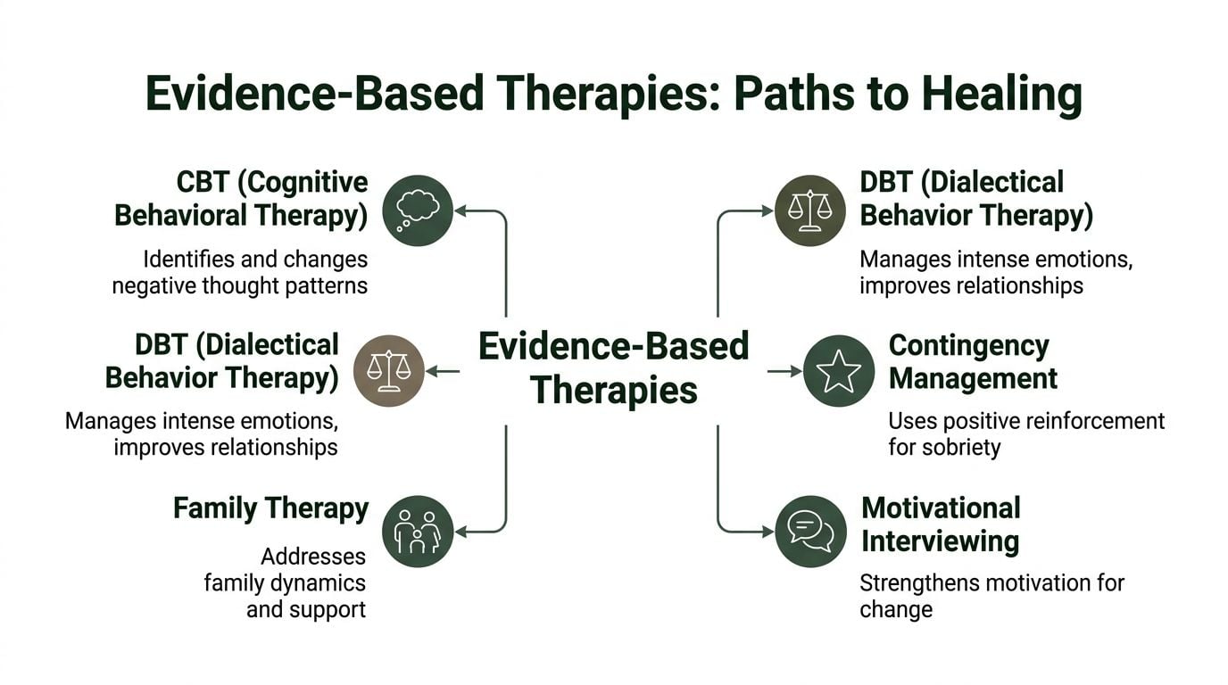 A diagram illustrating various evidence-based therapies for addiction recovery including CBT, DBT, family therapy, and motivational interviewing.