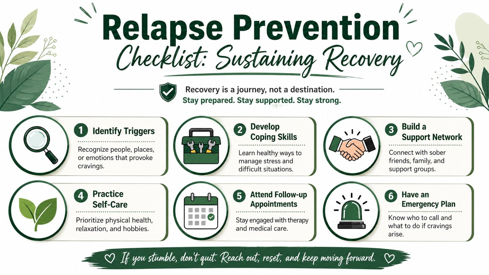 An infographic titled Relapse Prevention Checklist: Sustaining Recovery providing six key steps for maintaining a healthy sober lifestyle.