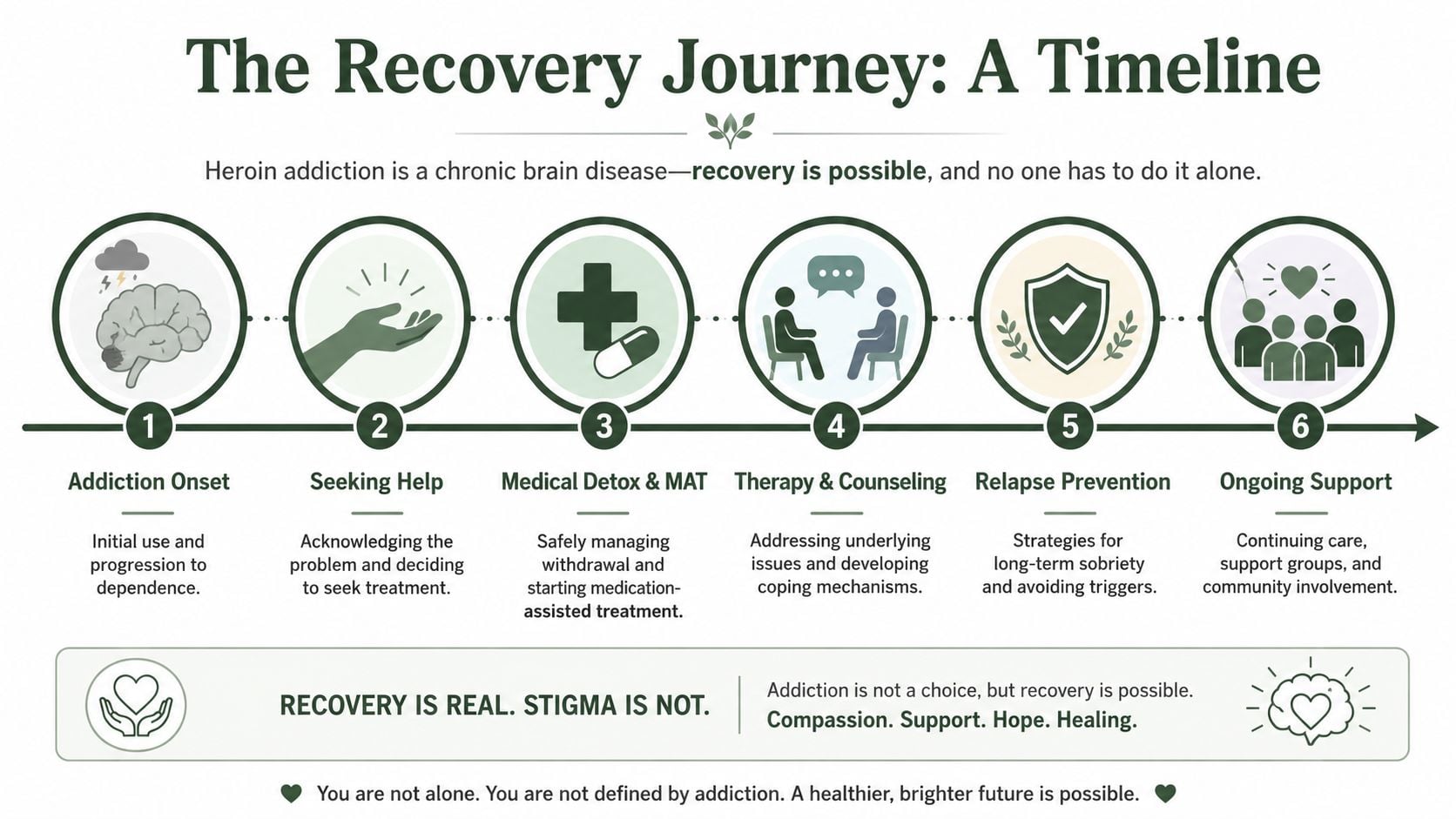 An infographic titled The Recovery Journey outlining six steps for overcoming heroin addiction from onset to ongoing support.