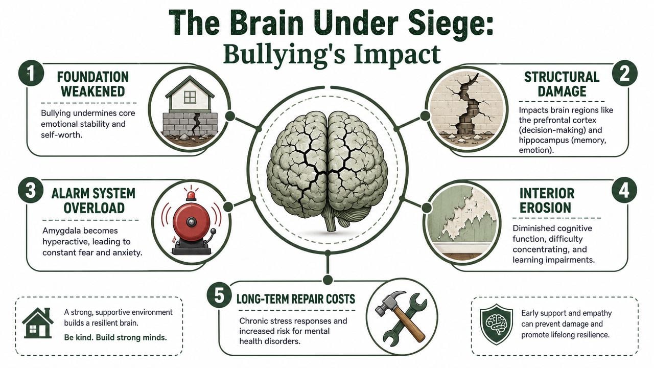 An infographic showing the negative impact of bullying on brain development, emotional stability, and cognitive function.