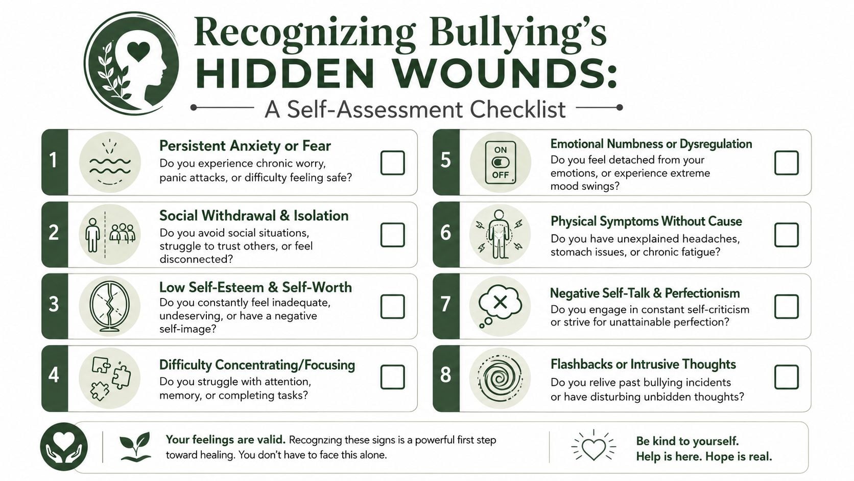 A checklist infographic titled Recognizing Bullying's Hidden Wounds listing eight common mental health signs of bullying trauma.