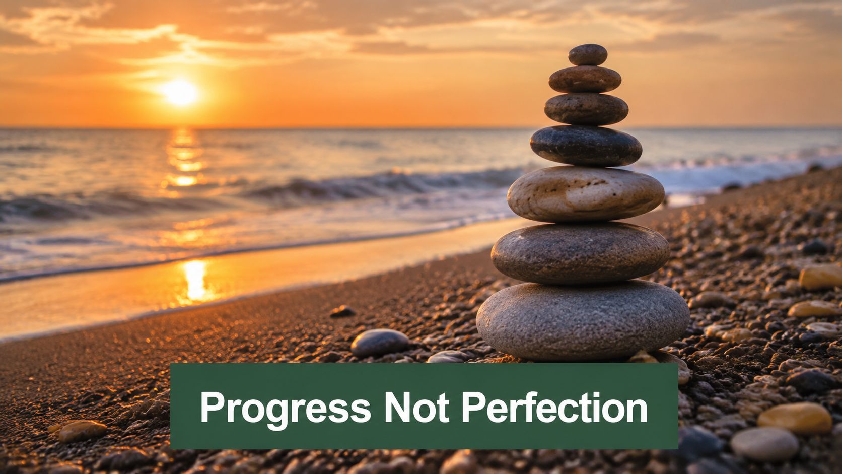 A stack of smooth, balanced stones on a beach shore during a serene and golden sunset.
