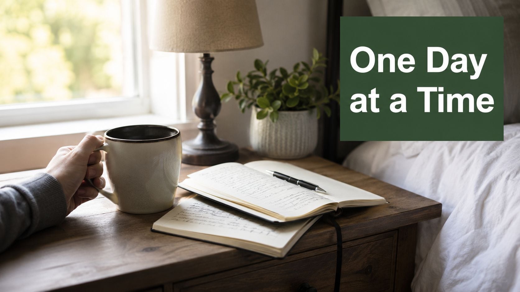 A hand holds a coffee mug next to an open journal on a bedside table with text overlay.