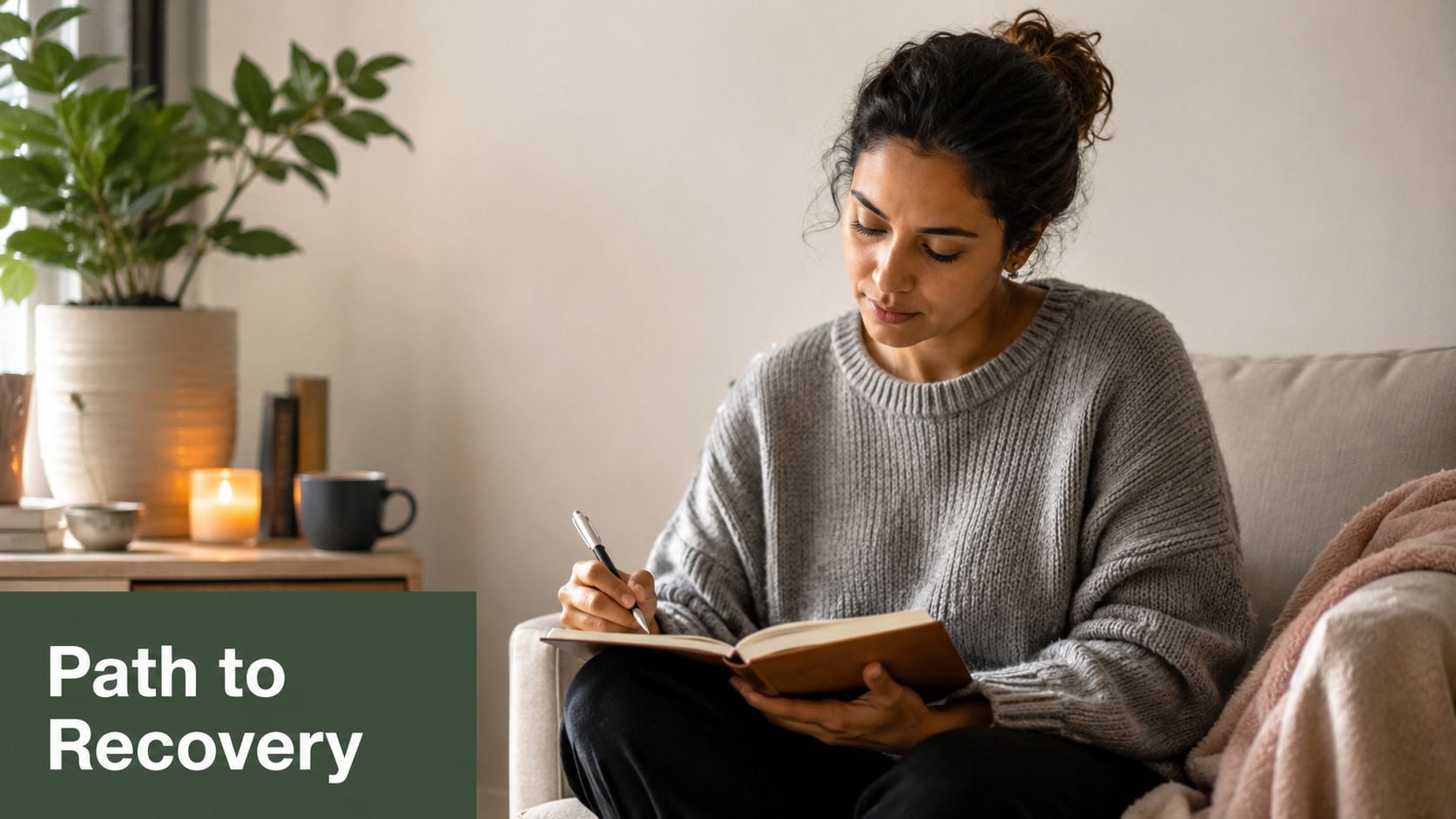 A woman in a cozy sweater writing in a notebook while sitting comfortably on a couch.