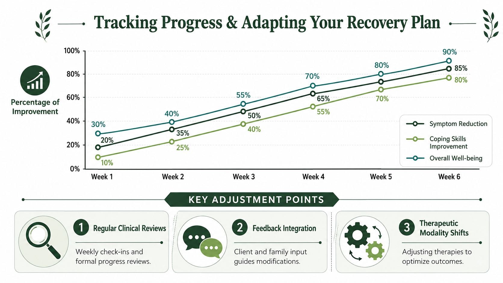 A line chart showing progress in recovery plans, tracking symptom reduction, coping skills, and overall well-being over six weeks.