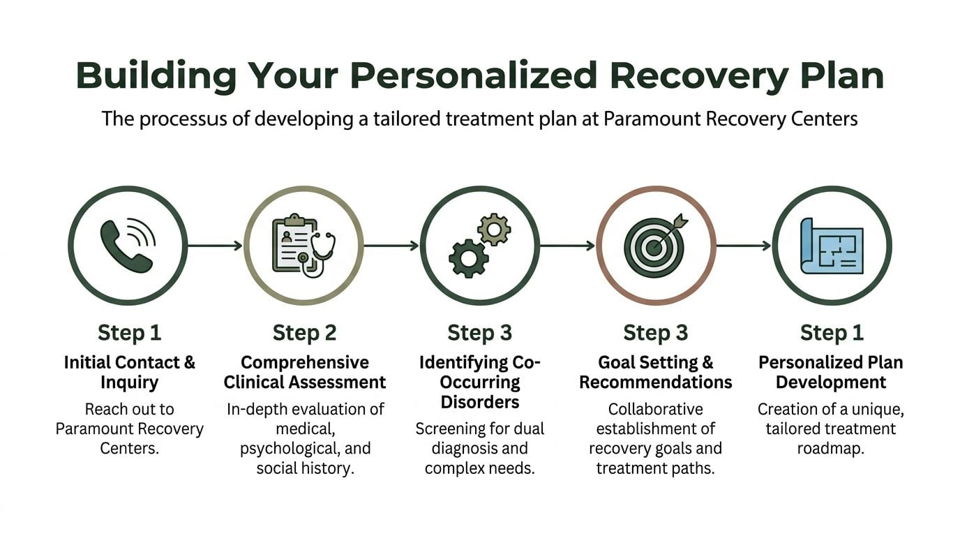 A flowchart infographic outlining the five-step process for building a personalized recovery plan at Paramount Recovery Centers.