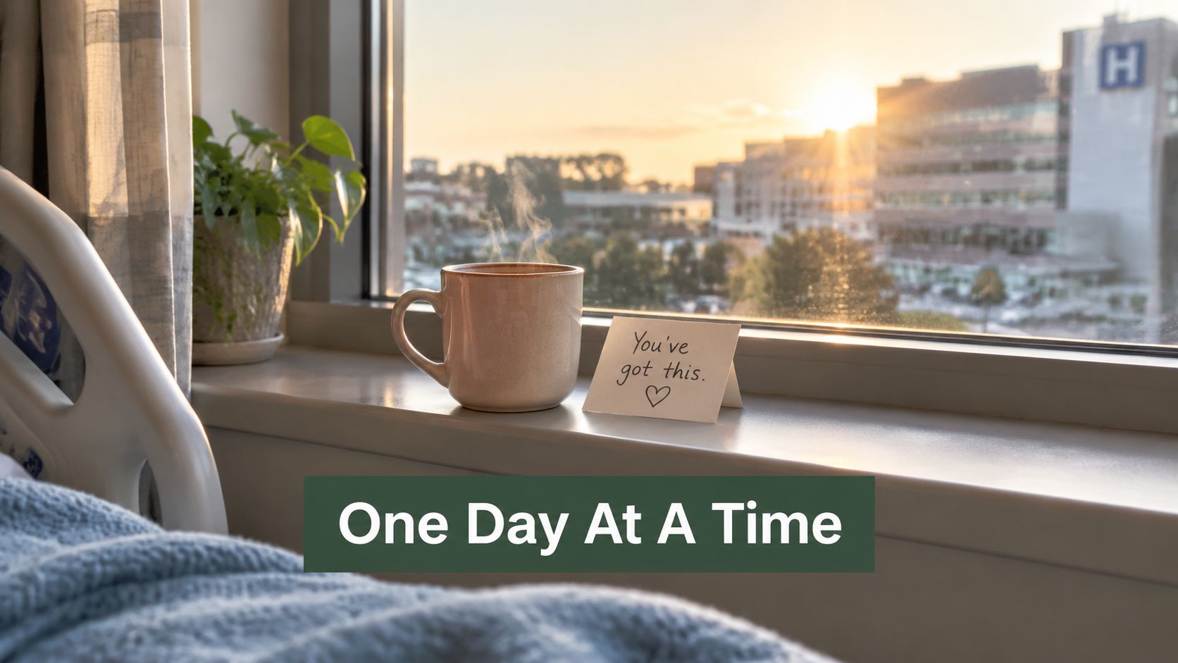 A steaming coffee mug and an encouraging note on a hospital windowsill during a warm sunset.