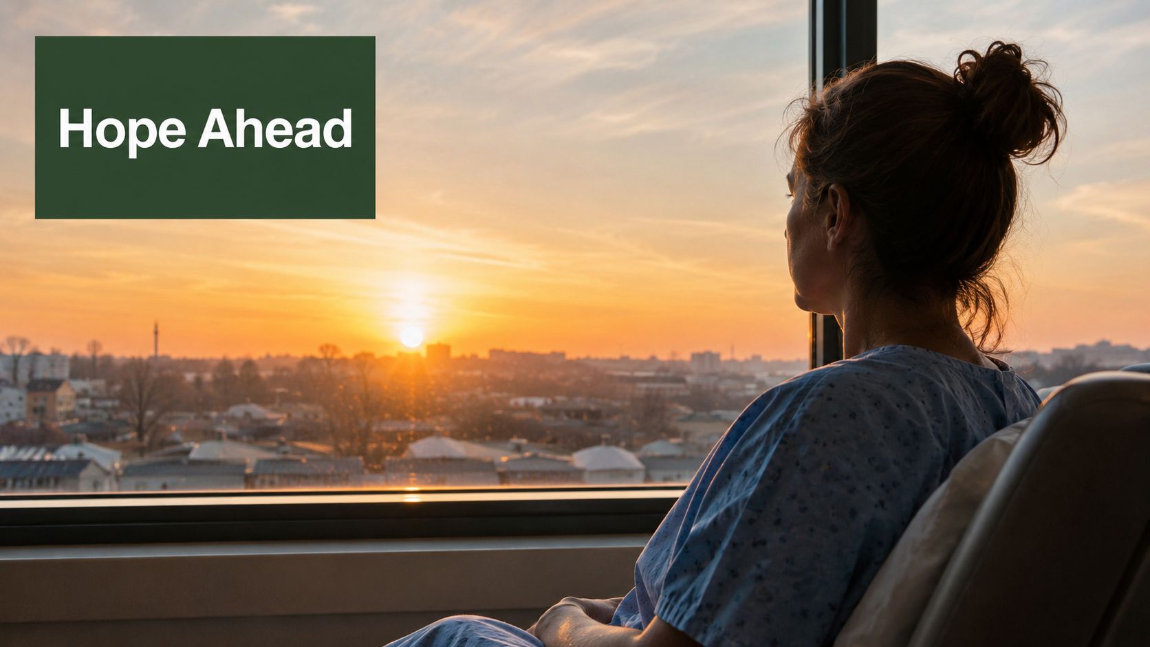 A patient in a hospital gown looks out a window at a sunrise with hope.
