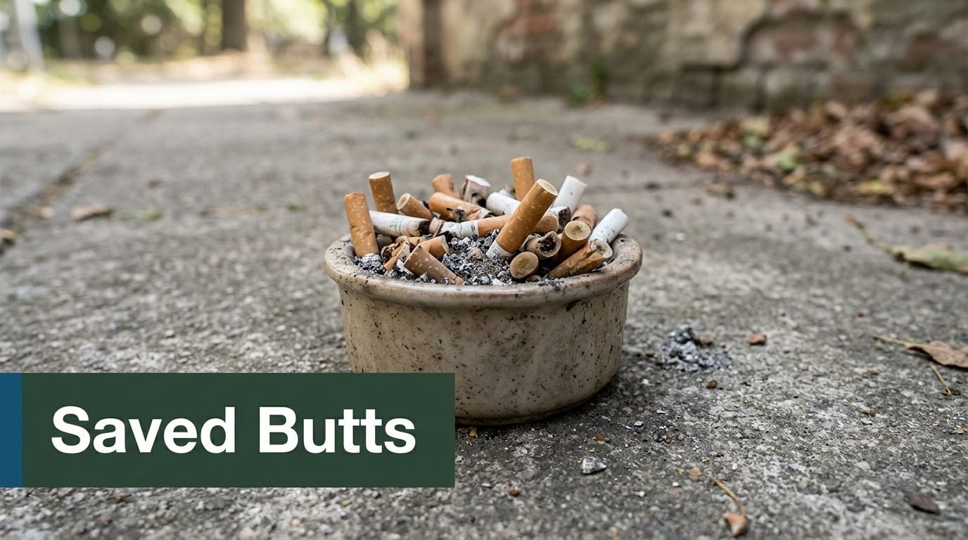 A small ceramic bowl filled with discarded cigarette butts sitting on a concrete surface outdoors.