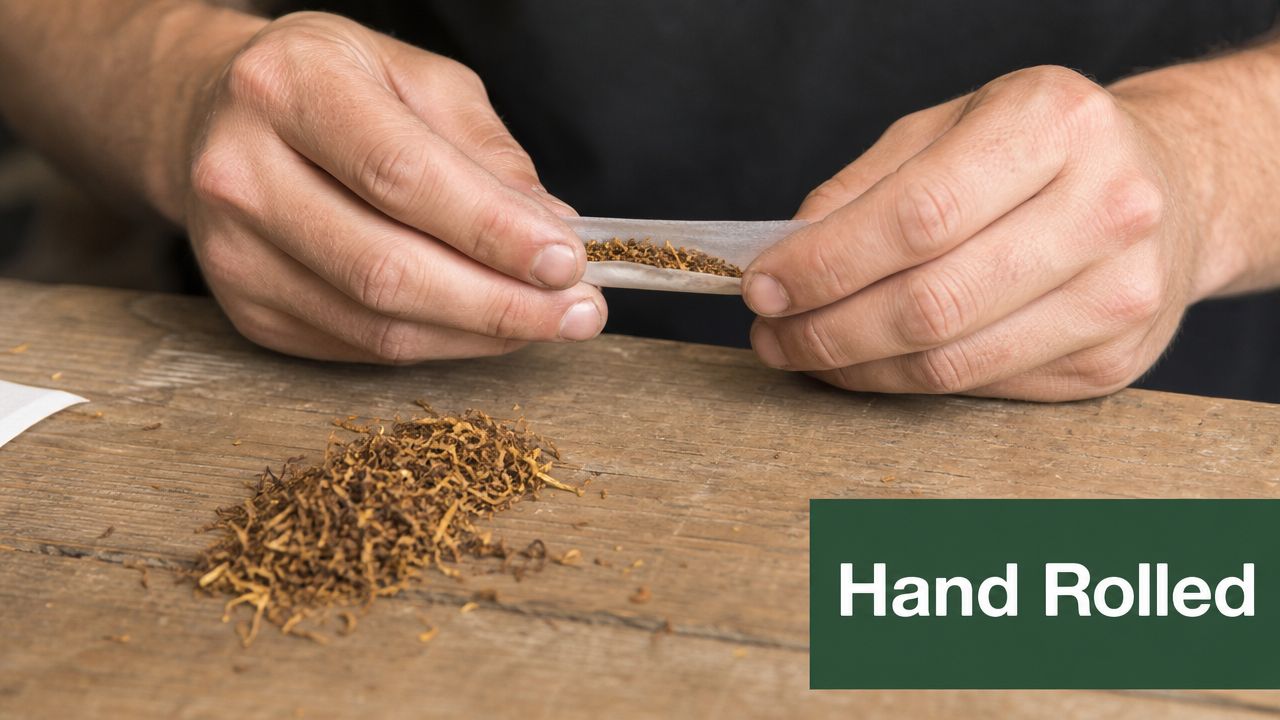 Close-up of a person's hands skillfully rolling a cigarette with loose tobacco on a wooden table.
