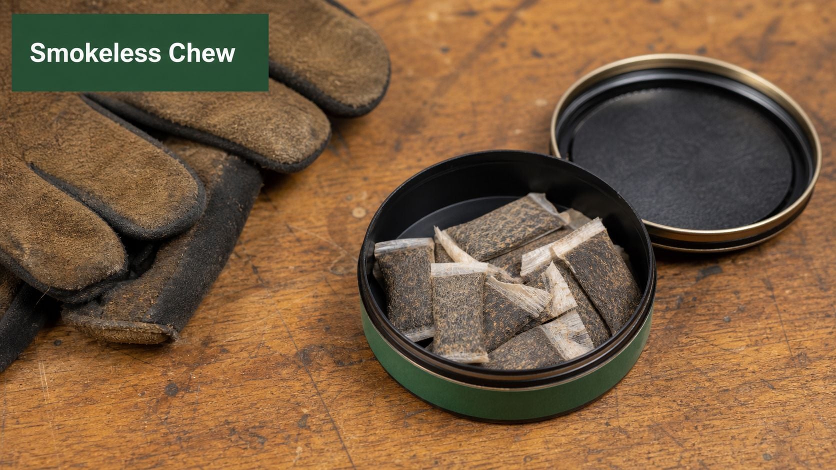 A small round container filled with individual nicotine pouches sitting on a wooden workbench near work gloves.