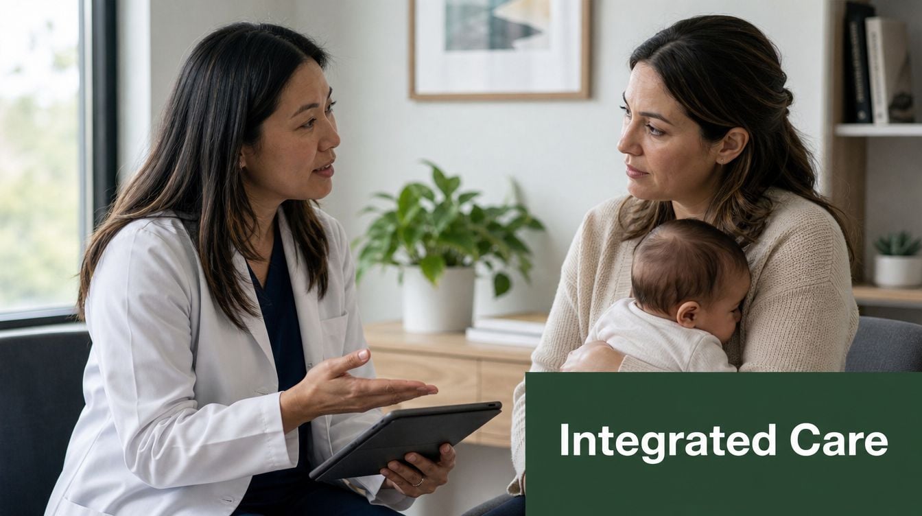 A female doctor in a white coat consulting with a mother holding her baby about integrated care.